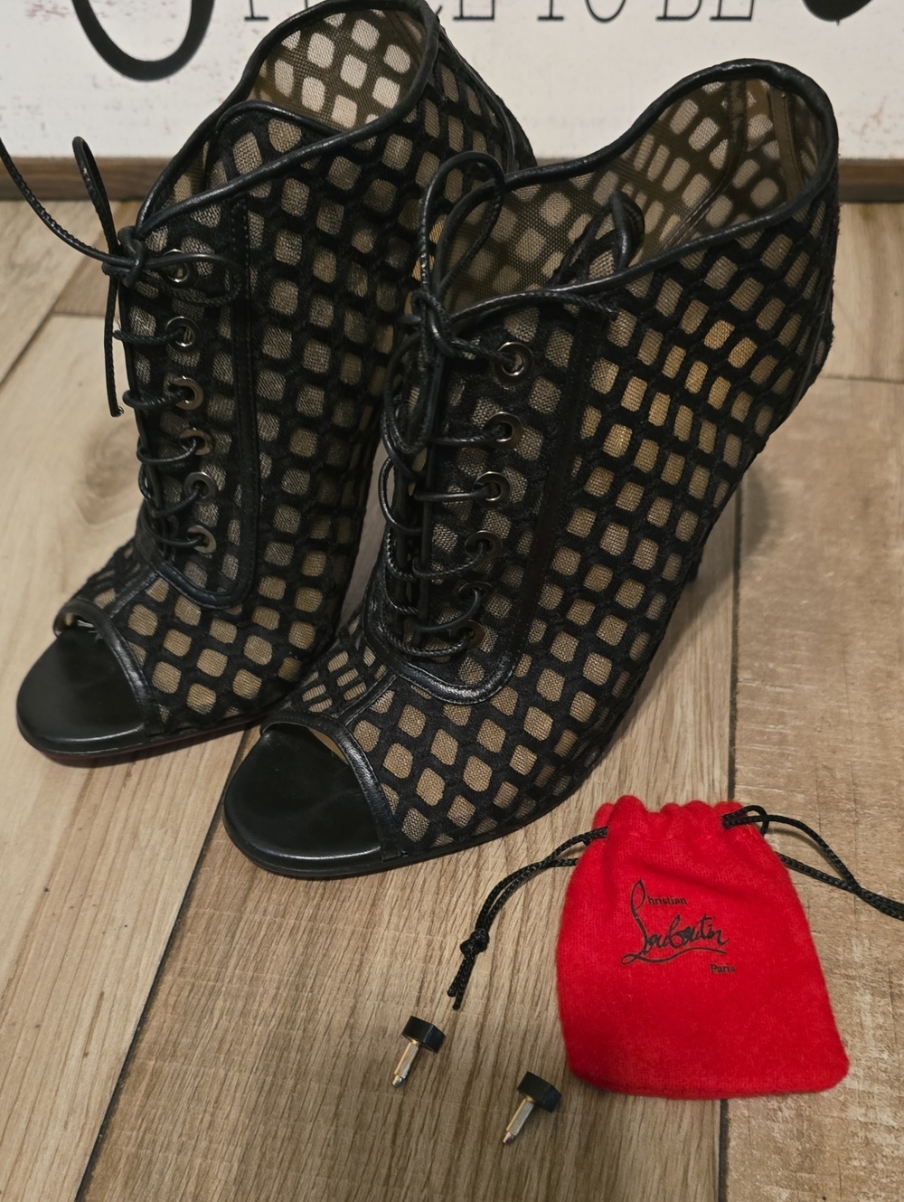 Christian Louboutin Black Mesh Lace-Up Peep-Toe 100 Heels Size (37-1/2) - Picture 11 of 15